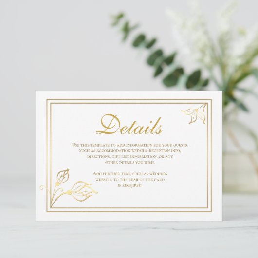 Faux Gold Foil Floral Wedding Details Card Informatiekaartje (Staand voorkant)