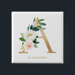 Faux Gold Foil  Florence Letter A Monogram Vierkante Button 5,1 Cm<br><div class="desc">Feminine en elegant florale knop met waterverf illustraties van bloemen,  groen en faux folie monogram. Personaliseer door een naam of korte uitdrukking toe te voegen. Deze monogram florale knoop zal perfect zijn als een gepersonaliseerd cadeau.</div>