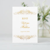 Faux Gold Foil Flourish Damask RSVP Kaart (Staand voorkant)