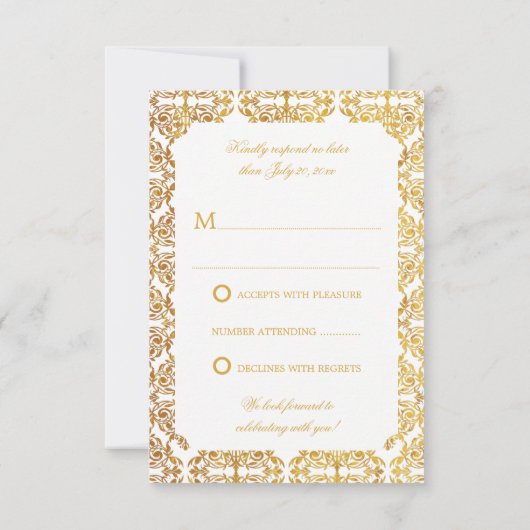 Faux Gold Foil Flourish Damask RSVP Kaart (Achterkant)
