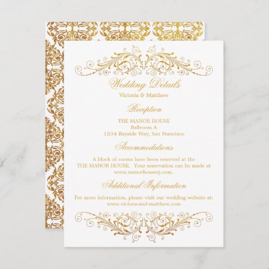 Faux Gold Foil Flourish Damask Wedding Details Kaart (Voorkant / Achterkant)