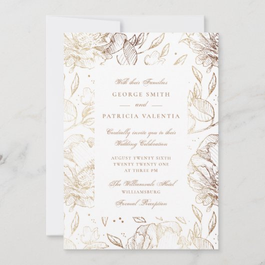 Faux Gold Foil Flowers Hand Drawn Elegant Wedding Kaart (Voorkant)