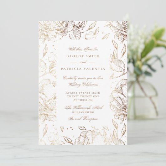 Faux Gold Foil Flowers Hand Drawn Elegant Wedding Kaart (Staand voorkant)