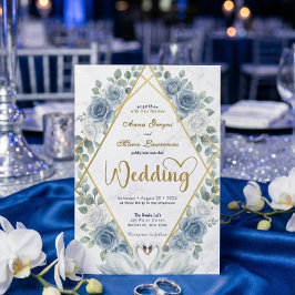 Faux Gold Foil Geometric Marble Blue Floral Kaart