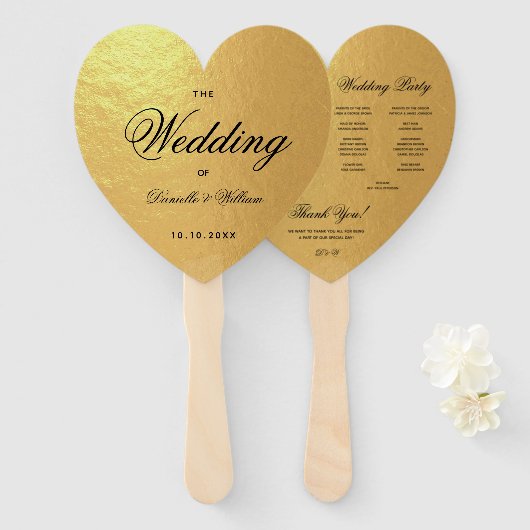 Faux Gold Foil Heart Weddenprogramma Black Script Handwaaier (Voorkant en achterkant)