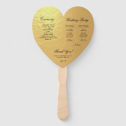 Faux Gold Foil Heart Weddenprogramma Black Script Handwaaier (Achterkant)