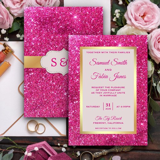 Faux Gold Foil Hot Pink Glitter Weddenschap Kaart