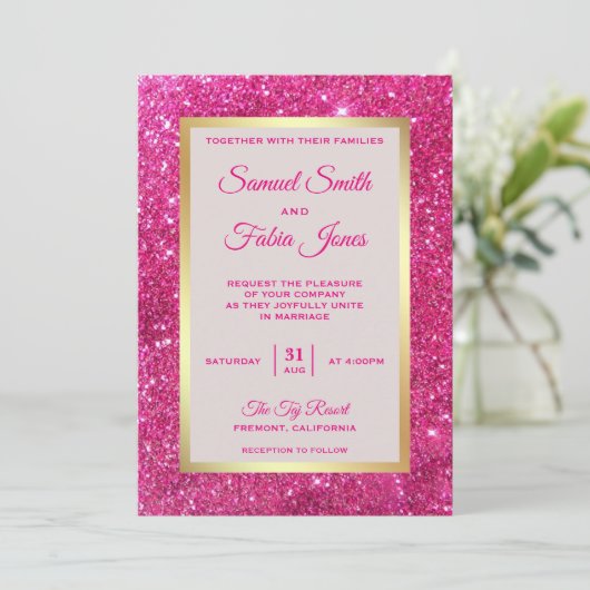 Faux Gold Foil Hot Pink Glitter Weddenschap Kaart (Staand voorkant)