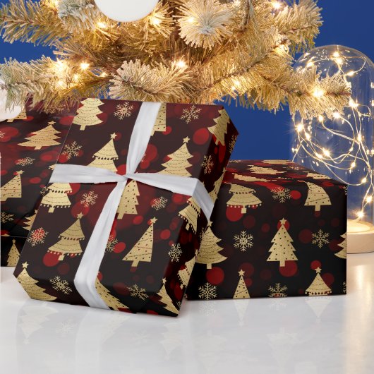 Faux Gold Foil kerstbomen en rode bokeh Cadeaupapier (Feestdagen)