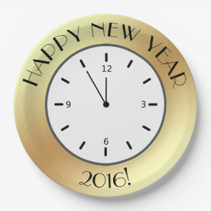 Faux Gold Foil-klok in Midnight Happy Nieuwjaar Papieren Bordje