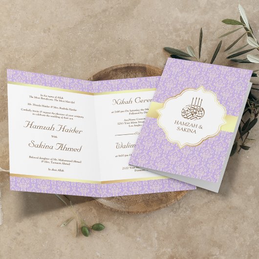 Faux Gold Foil Lavender Damask Muslim Weduwschap