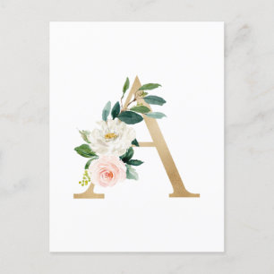 Faux Gold Foil Letter A Blush Floral Monogram Briefkaart
