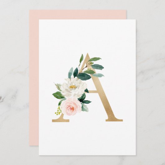Faux Gold Foil Letter A Blush Floral Monogram Kaart (Voorkant / Achterkant)