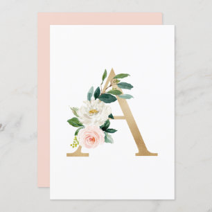 Faux Gold Foil Letter A Blush Floral Monogram Kaart