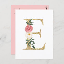 Faux Gold Foil Letter E Blush Floral Monogram Briefkaart