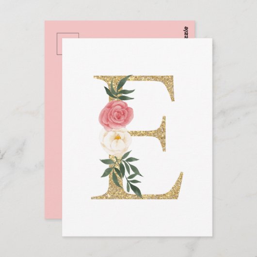 Faux Gold Foil Letter E Blush Floral Monogram Briefkaart (Voorkant / Achterkant)