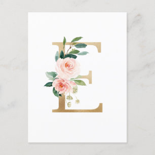 Faux Gold Foil Letter E Blush Floral Monogram Briefkaart