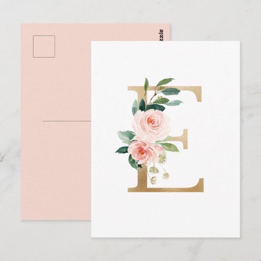 Faux Gold Foil Letter E Blush Floral Monogram Briefkaart (Voorkant / Achterkant)