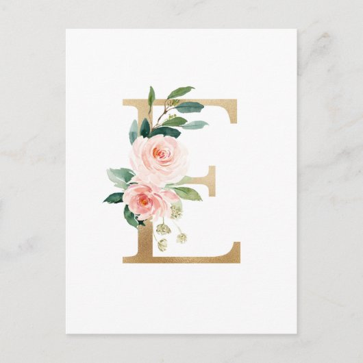 Faux Gold Foil Letter E Blush Floral Monogram Briefkaart (Voorkant)