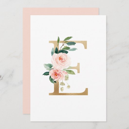 Faux Gold Foil Letter E Blush Floral Monogram Kaart (Voorkant / Achterkant)