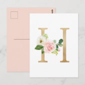 Faux Gold Foil Letter H Blush Floral Monogram Briefkaart (Voorkant / Achterkant)