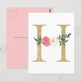 Faux Gold Foil Letter H Blush Floral Monogram Briefkaart