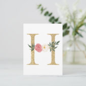 Faux Gold Foil Letter H Blush Floral Monogram Briefkaart (Staand voorkant)