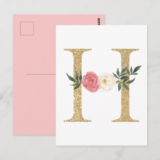Faux Gold Foil Letter H Blush Floral Monogram Briefkaart (Voorkant / Achterkant)