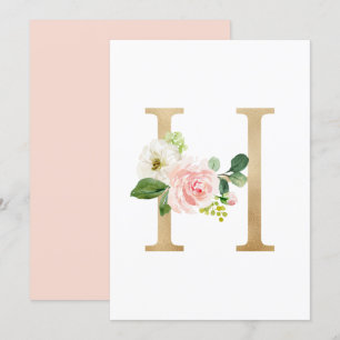 Faux Gold Foil Letter H Blush Floral Monogram Kaart