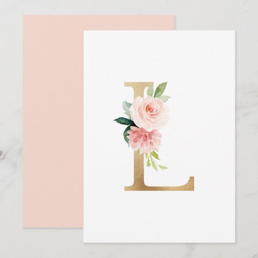 Faux Gold Foil Letter L Blush Floral Monogram Kaart (Voorkant / Achterkant)