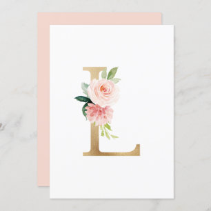 Faux Gold Foil Letter L Blush Floral Monogram Kaart
