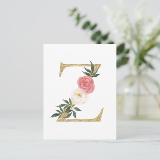 Faux Gold Foil Letter Z Blush Floral Monogram Briefkaart (Staand voorkant)