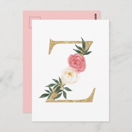 Faux Gold Foil Letter Z Blush Floral Monogram Briefkaart (Voorkant / Achterkant)