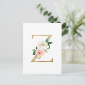 Faux Gold Foil Letter Z Blush Floral Monogram Briefkaart (Staand voorkant)