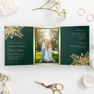 Faux Gold Foil leurt Floral Emerald Green Wedding Drieluik Uitnodiging