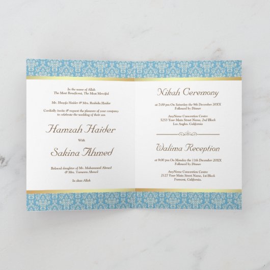 Faux Gold Foil Light Blue Damask Muslim Weduwen (Binnen)