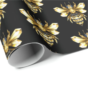 Faux Gold Foil Logo Bee Polygonaal op Zwart Cadeaupapier