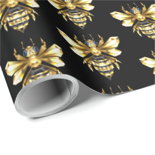 Faux Gold Foil Logo Bee Polygonaal op Zwart Cadeaupapier
