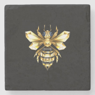 Faux Gold Foil Logo Bee Polygonaal op Zwart Stenen Onderzetter
