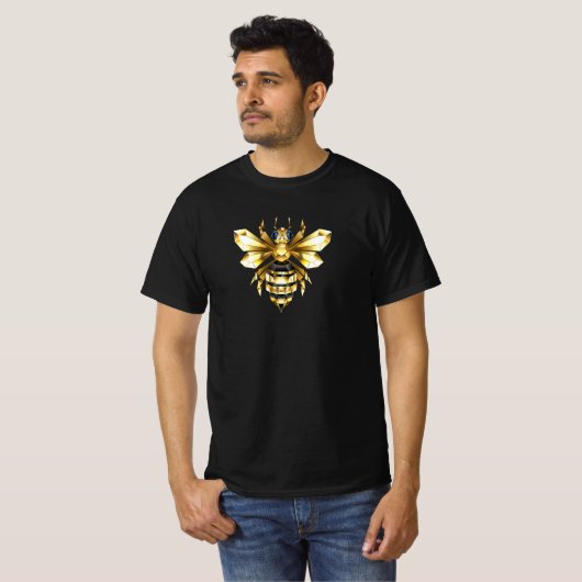Faux Gold Foil Logo Bee Polygonaal op Zwart T-shirt (Voorkant volledig)