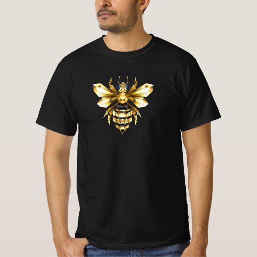 Faux Gold Foil Logo Bee Polygonaal op Zwart T-shirt (Voorkant)