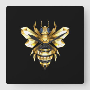 Faux Gold Foil Logo Bee Polygonaal op Zwart Vierkante Klok