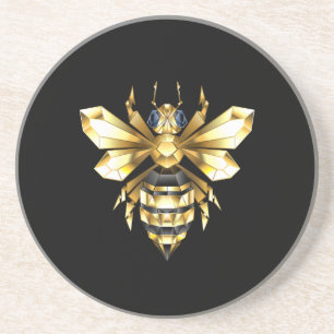 Faux Gold Foil Logo Bee Polygonaal op Zwart Zandsteen Onderzetter