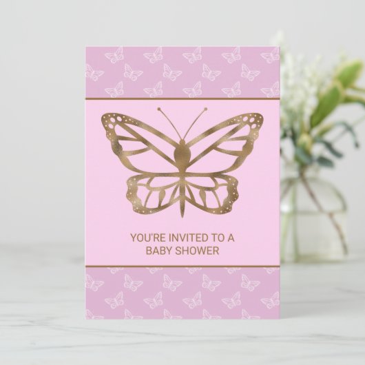 Faux Gold Foil look Butterfly - Paars Baby shower Kaart (Staand voorkant)