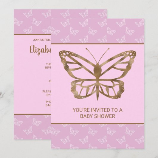 Faux Gold Foil look Butterfly - Paars Baby shower Kaart (Voorkant / Achterkant)