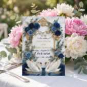 Faux Gold Foil & Marble Swans Royal Blue Floral Save The Date