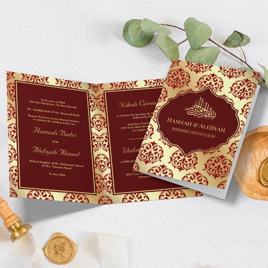 Faux Gold Foil Maroon Red Damask Muslim Weduwschap
