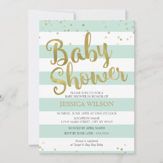 Faux Gold Foil, Mint Green Stripes Baby shower Kaart (Voorkant)