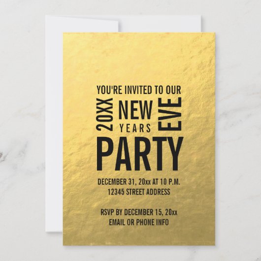 Faux Gold Foil Moderne New Years Eve Party Invite Kaart (Voorkant)