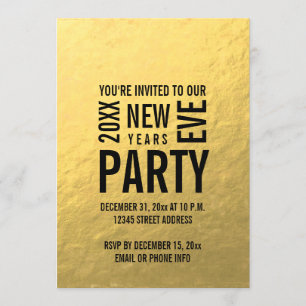 Faux Gold Foil Moderne New Years Eve Party Invite Kaart